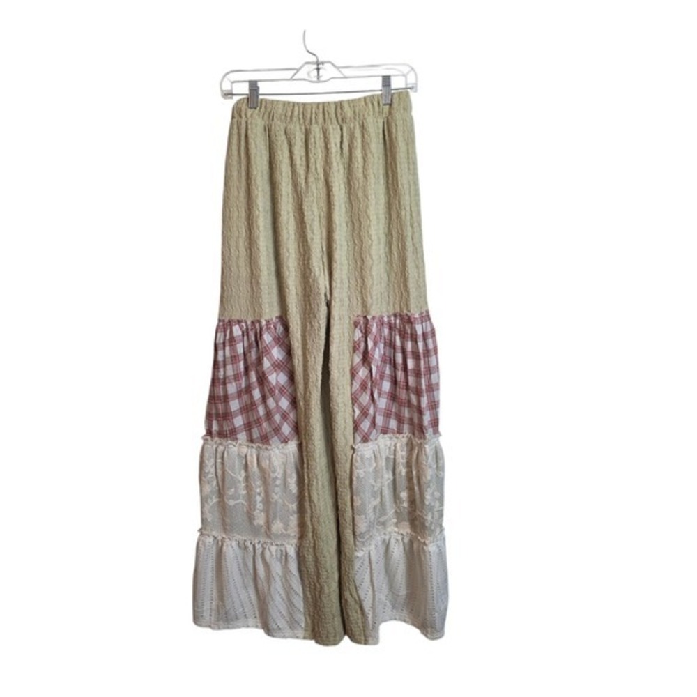 Fantastic Fawn Wide Leg Pants Women Size S Green Plaid Lace Patchwork Cool Girl - Picture 4 of 16